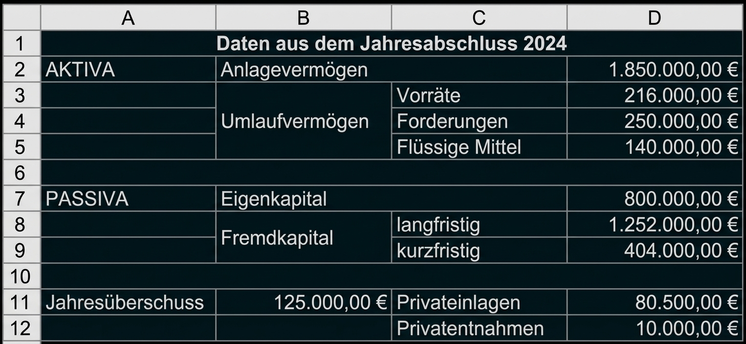 Tabelle mit dem Titel "Daten aus dem Jahresabschluss 2024" zeigt Aktiva, Passiva und Bilanzposten mit zugehörigen Beträgen.